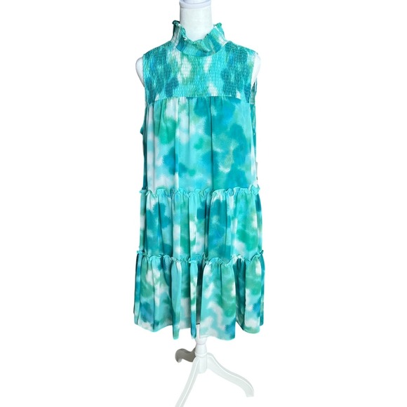 Taylor Dresses & Skirts - Taylor Women Green Blue Watercolor Smocked High Neck Tiered Dress 2937MY L NEW